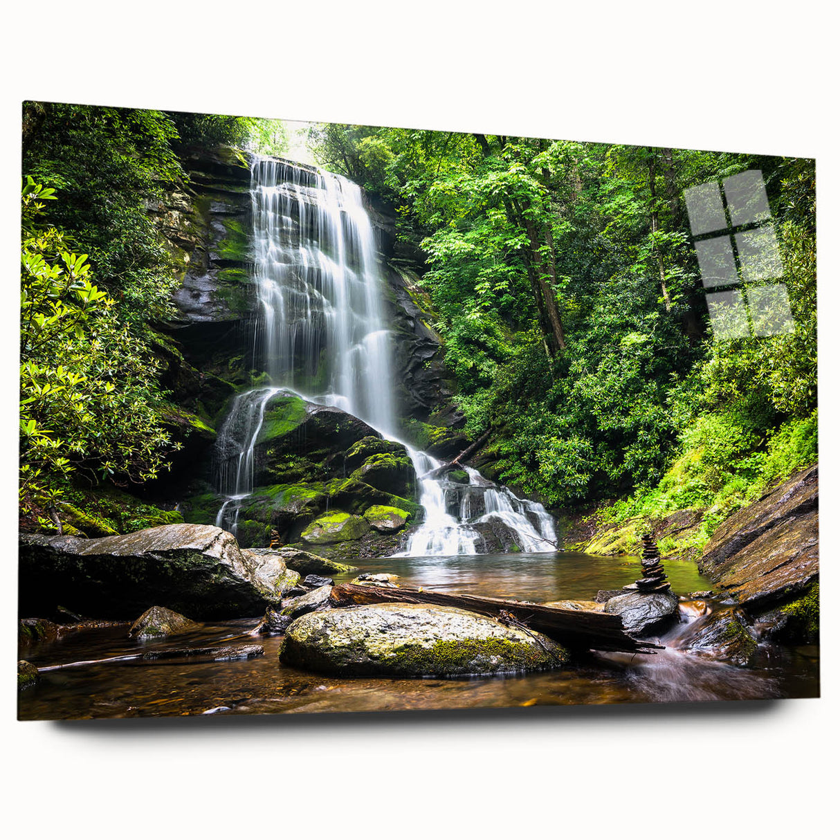 Acrylic glass wall art collection showcasing a stunning landscape waterfall design, highlighted by vibrant blues and greens, elegantly displayed from the side without pins.
