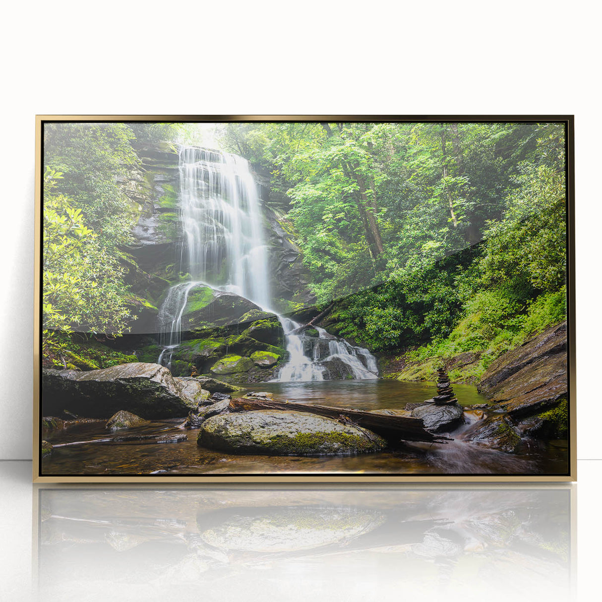 Framed acrylic wall art showcasing a stunning waterfall landscape with vibrant colors and a gold frame, ideal for enhancing home decor and creating a calming atmosphere.