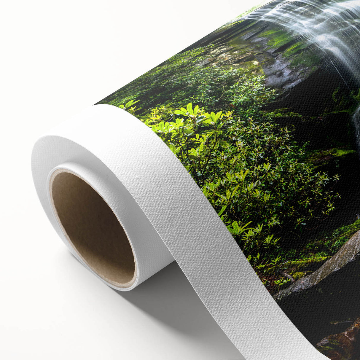 Vibrant rolled canvas artwork showcasing a stunning waterfall landscape in lush greenery, perfect for home decor and nature enthusiasts, packaged securely for delivery.