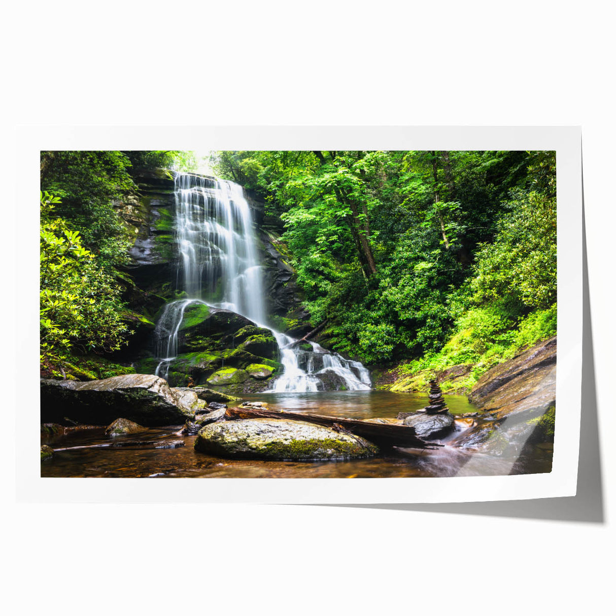 Vibrant rolled print of a serene waterfall landscape, showcasing cascading water and lush greenery, perfect for enhancing home décor with a natural touch.