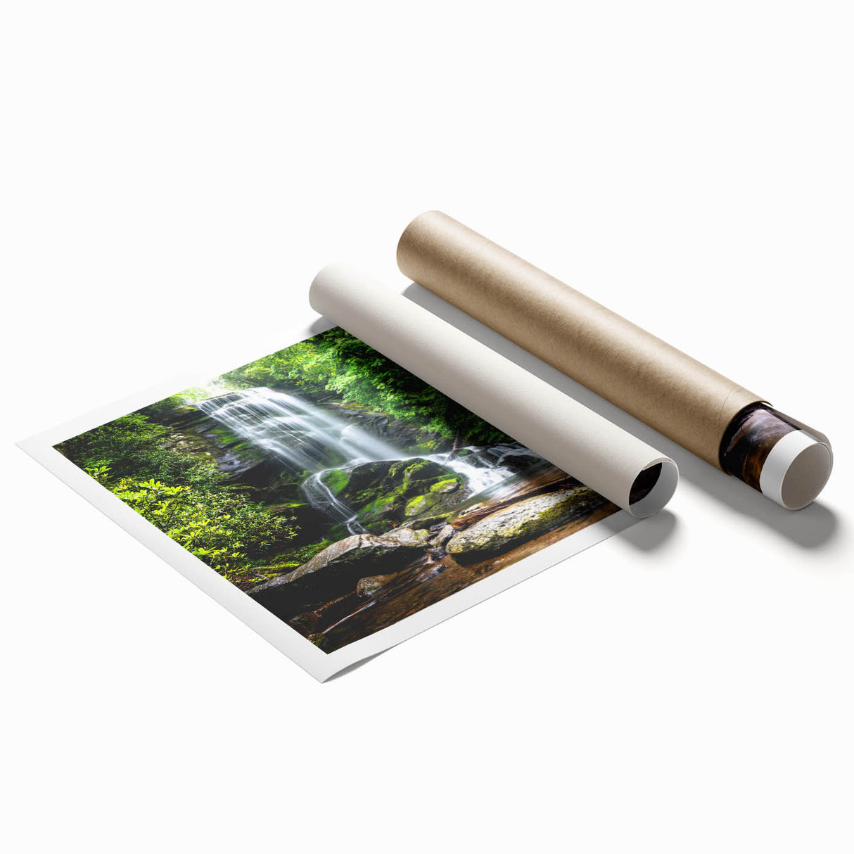 "Stunning wall art print showcasing a vibrant waterfall landscape design, featuring lush greenery and cascading water, rolled and ready for framing."
