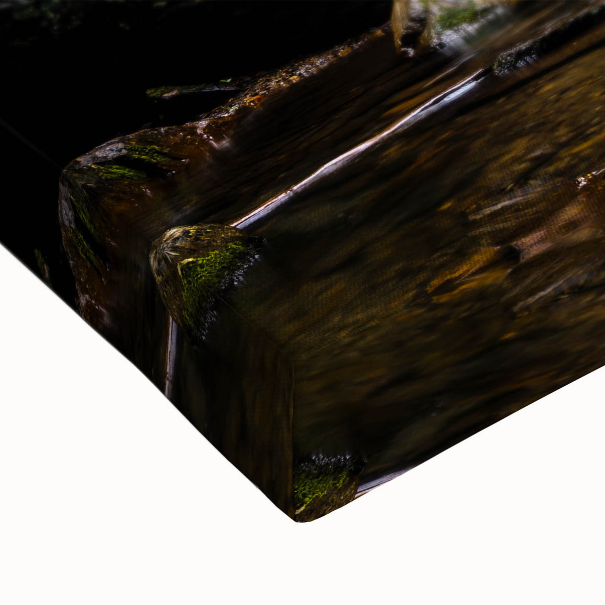 Close-up of a vibrant stretched canvas wall art piece showcasing a serene waterfall landscape, featuring flowing water and lush green foliage, perfect for home decor.