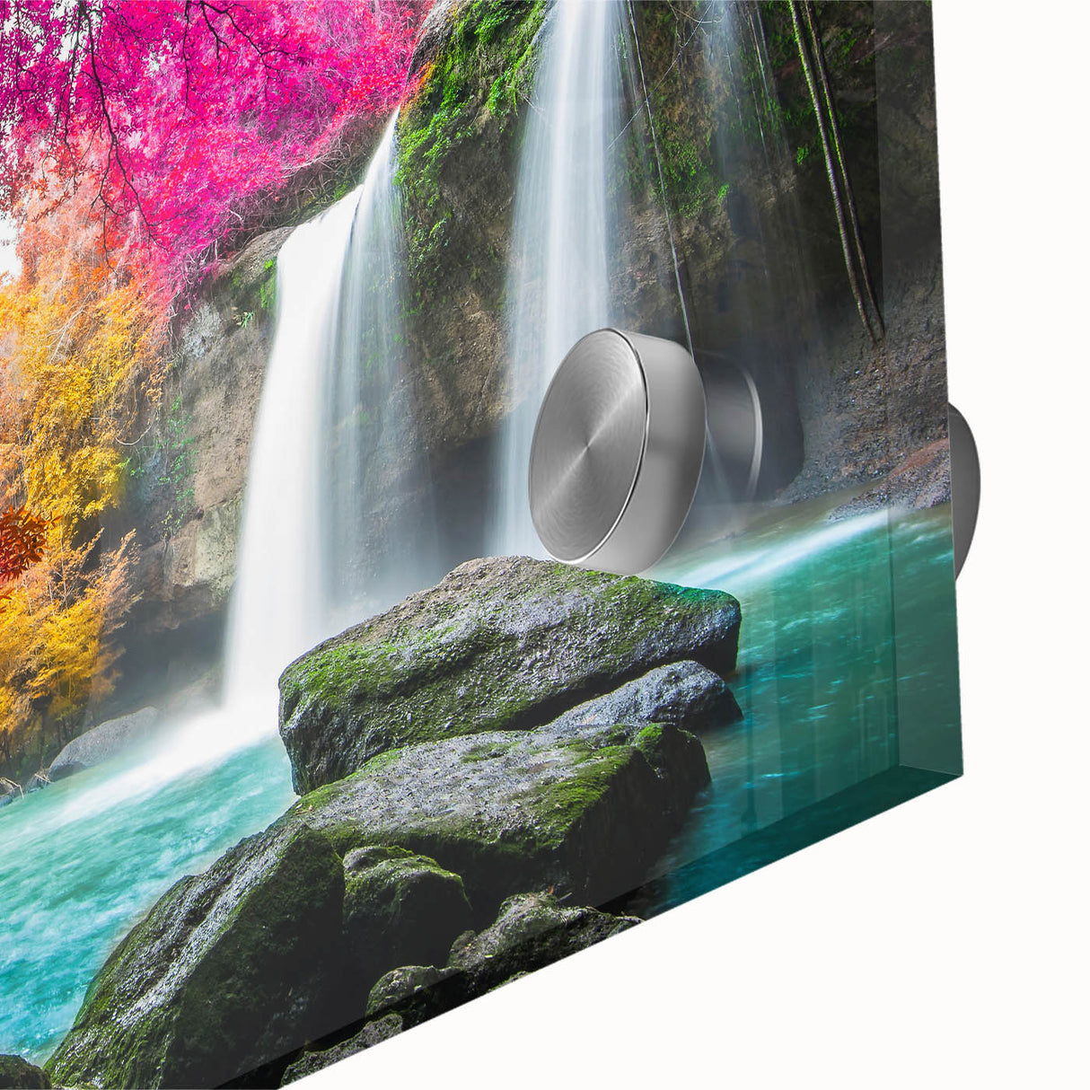 Close-up of a vibrant acrylic glass artwork depicting a serene waterfall landscape, showcasing detailed textures and vivid colors, ideal for home decor.