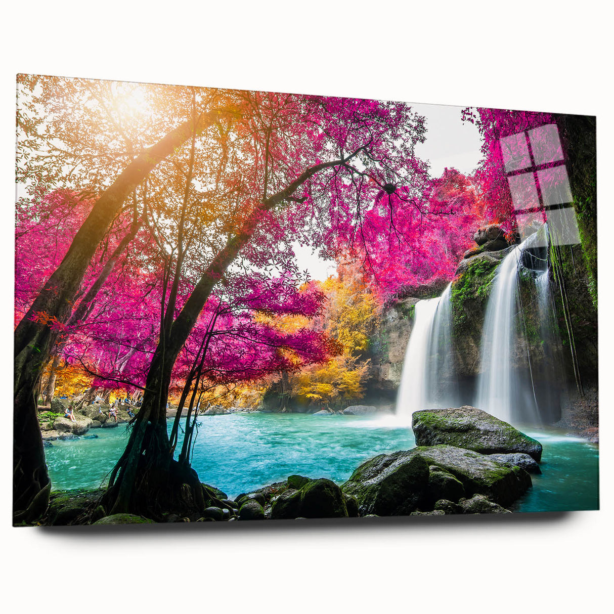 Acrylic glass wall art piece showcasing a breathtaking waterfall landscape design in vibrant colors, ideal for enhancing modern home decor and creating a serene atmosphere. The artwork displays intricate details and a side view, emphasizing its sleek finish and contemporary style.