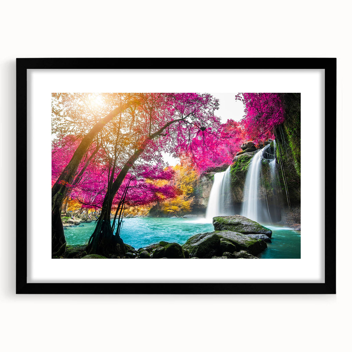 Framed wall art showcasing a stunning landscape waterfall design, featuring vibrant colors and a black mat, perfect for enhancing any home decor.