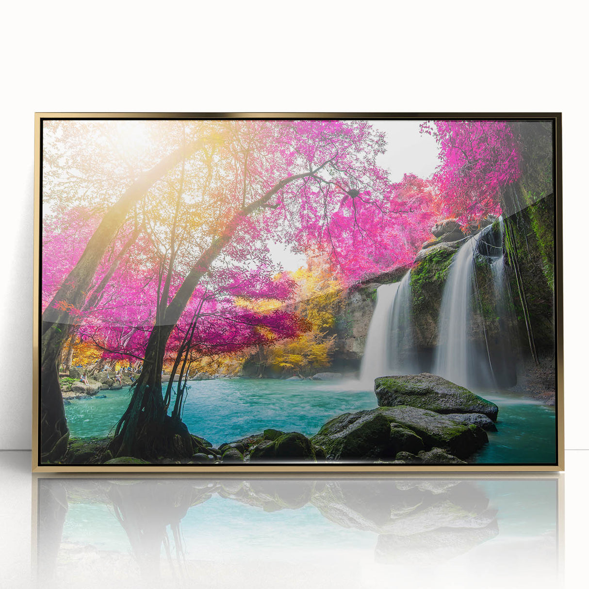 Framed acrylic wall art featuring a stunning waterfall landscape design with vibrant colors and gold accents, perfect for enhancing home decor and creating a serene atmosphere.