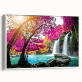 Framed canvas wall art showcasing a serene waterfall landscape design with vibrant blues and greens, ideal for enhancing home decor and creating a tranquil atmosphere.
