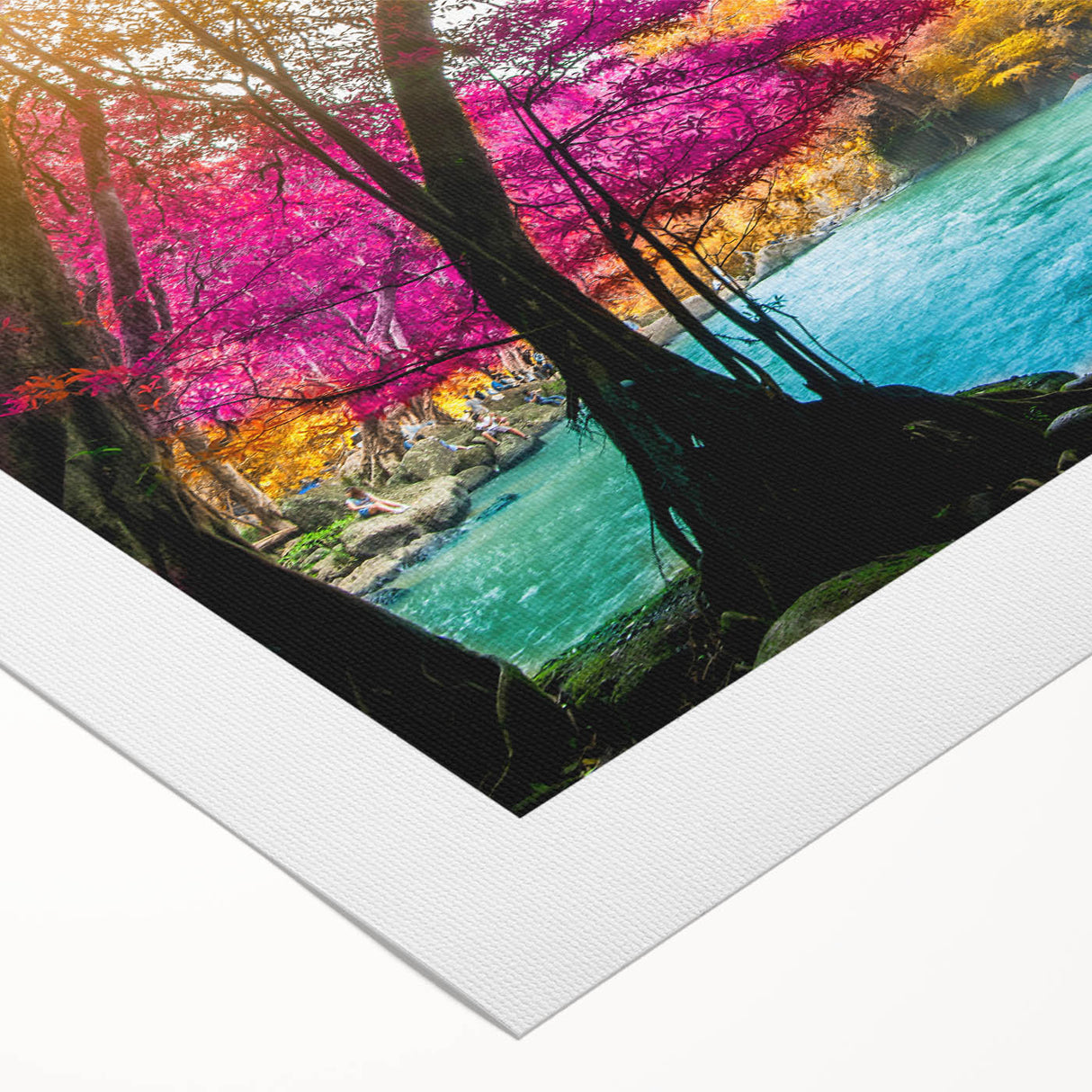 A vibrant rolled canvas artwork depicting a serene landscape with cascading waterfalls, lush greenery, and a tranquil blue sky, ideal for home decor and nature enthusiasts.