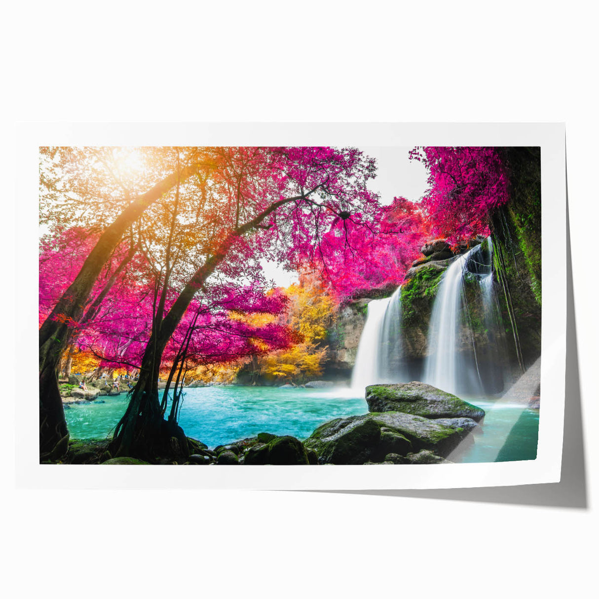 Vibrant rolled print showcasing a stunning waterfall landscape design, perfect for home decor, featuring rich blues and greens, packaged securely in a protective tube.