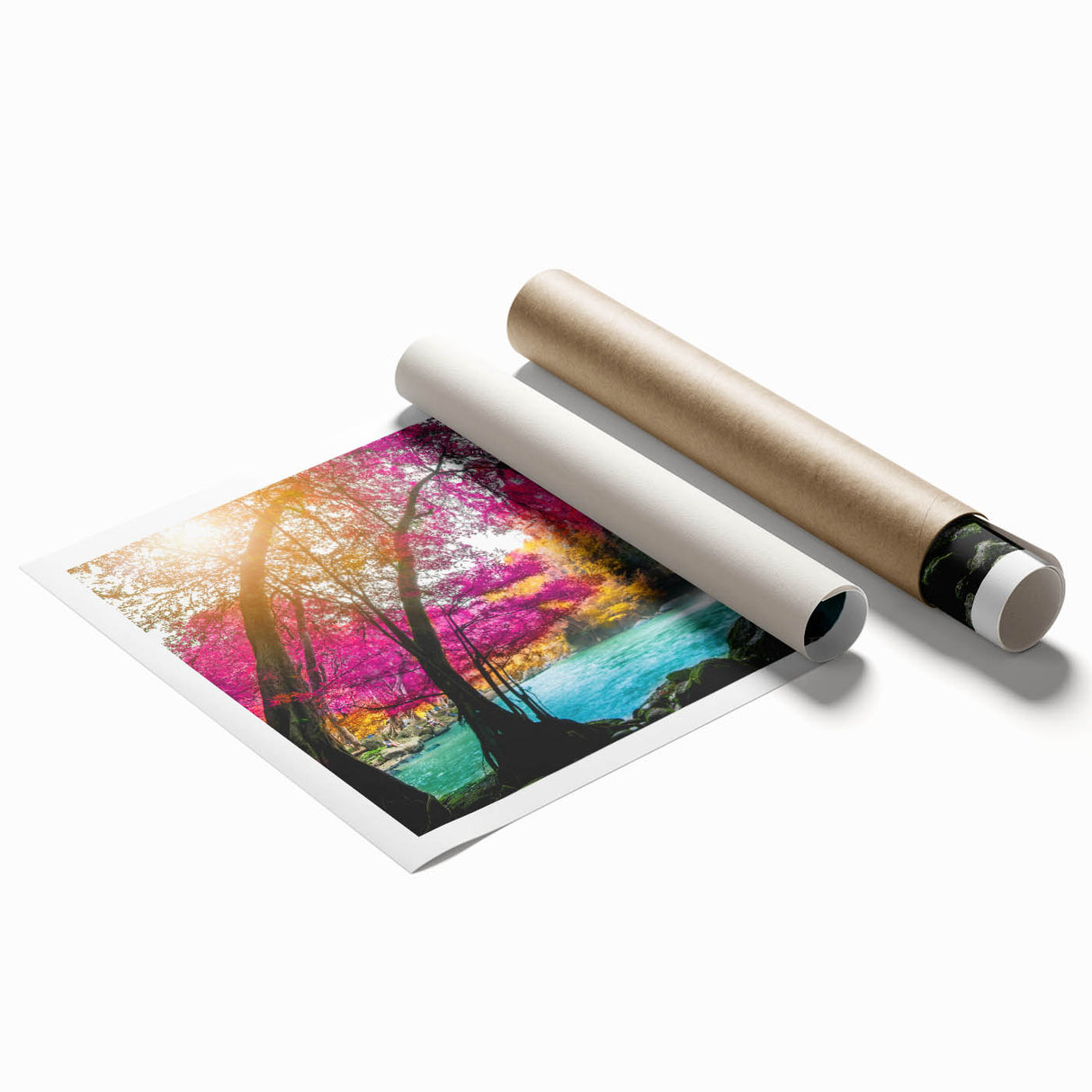 A serene landscape featuring a cascading waterfall surrounded by lush greenery, captured in vibrant colors, ideal for nature-inspired wall art decor. The print is rolled and ready for framing, adding tranquility to any space.