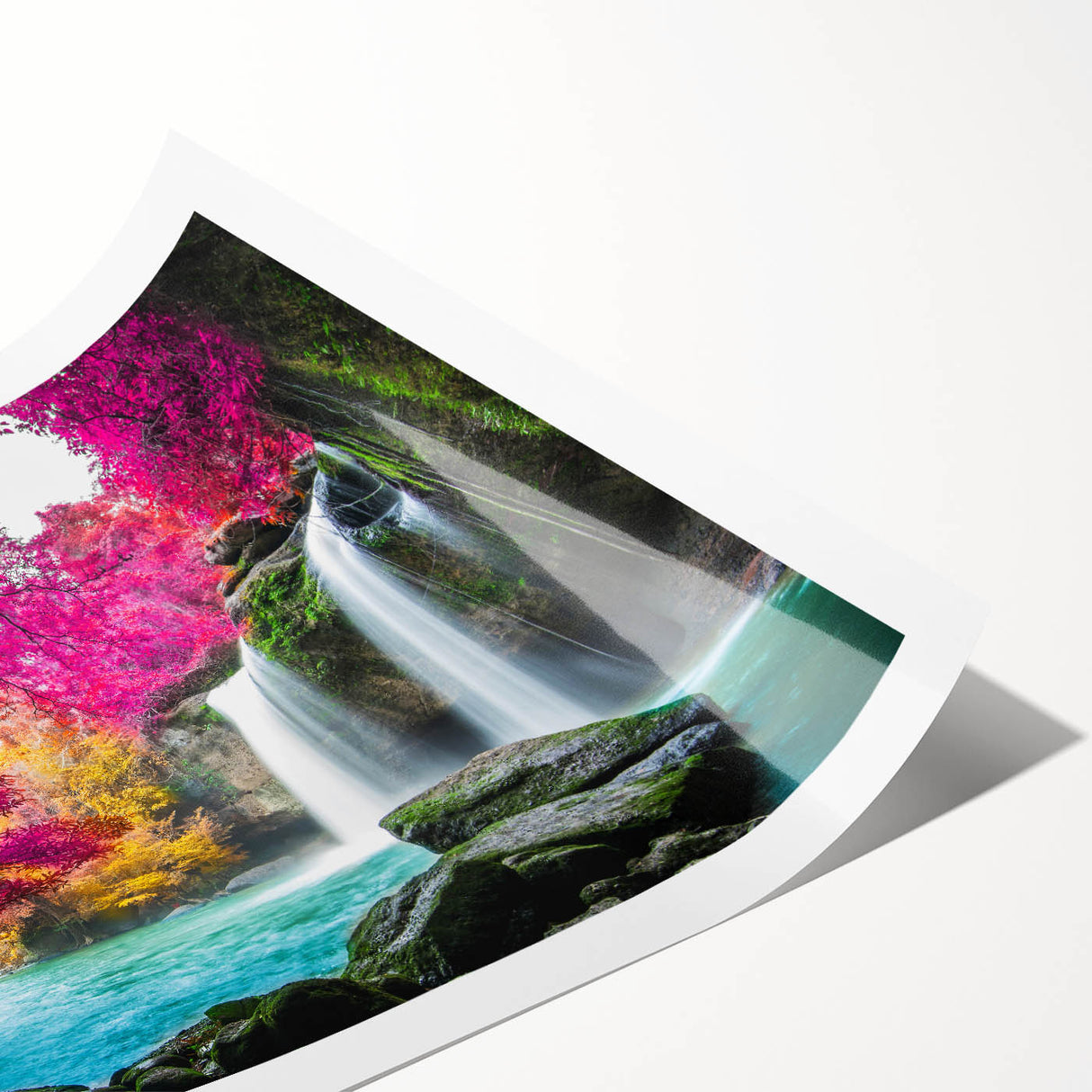 A vibrant rolled print showcasing a stunning waterfall landscape design, perfect for home décor, featuring rich blues and greens, packaged in a protective tube.