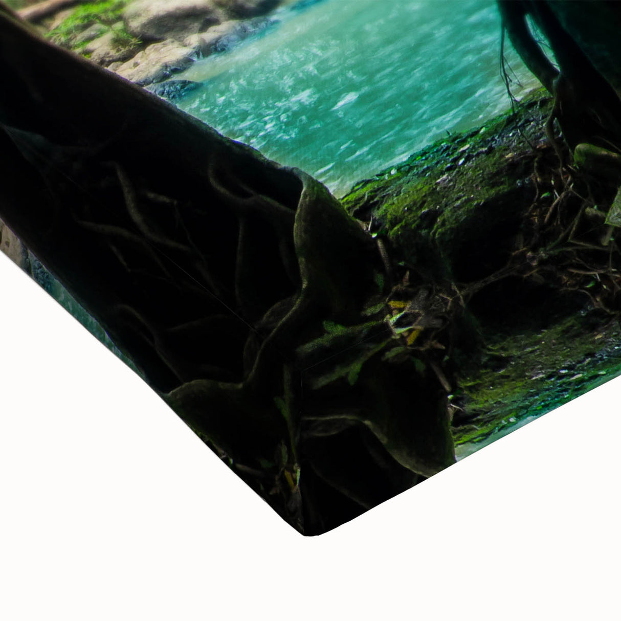 Close-up of a vibrant waterfall landscape wall art design on stretched canvas, showcasing rich colors and intricate details, perfect for home decor enhancement.