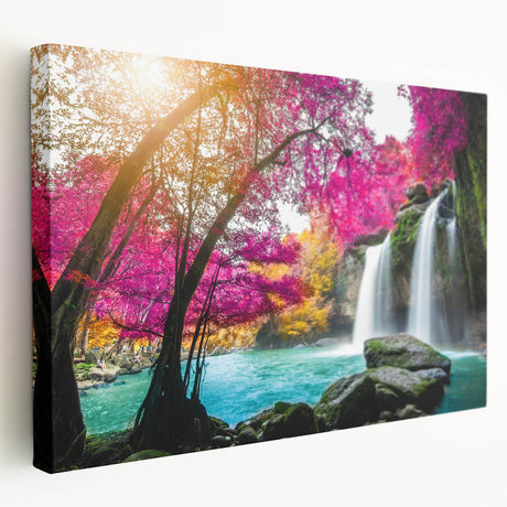 Stretched canvas artwork showcasing a stunning waterfall landscape design, featuring vibrant blues and greens, ideal for home decor. Perfect for nature enthusiasts.