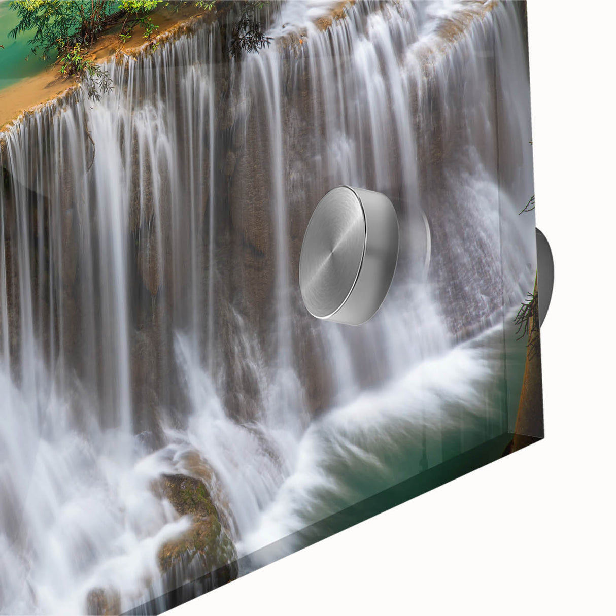 Close-up of a vibrant acrylic glass wall art piece showcasing a stunning waterfall landscape design, ideal for home decor in modern interiors.