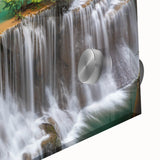 Close-up of a vibrant acrylic glass wall art piece showcasing a stunning waterfall landscape design, ideal for home decor in modern interiors.