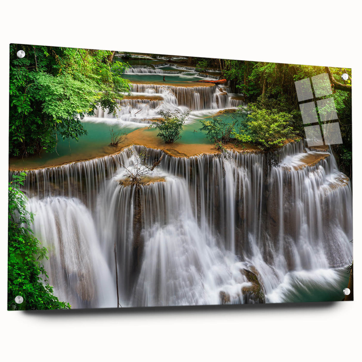 Acrylic glass wall art featuring vibrant landscapes and waterfalls, presented in a side view with pins for easy hanging, perfect for enhancing home decor.