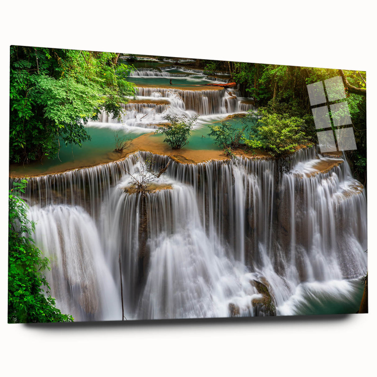 Acrylic glass wall art design showcasing a serene waterfall landscape in vibrant colors, viewed from the side without pins, ideal for modern home decor.
