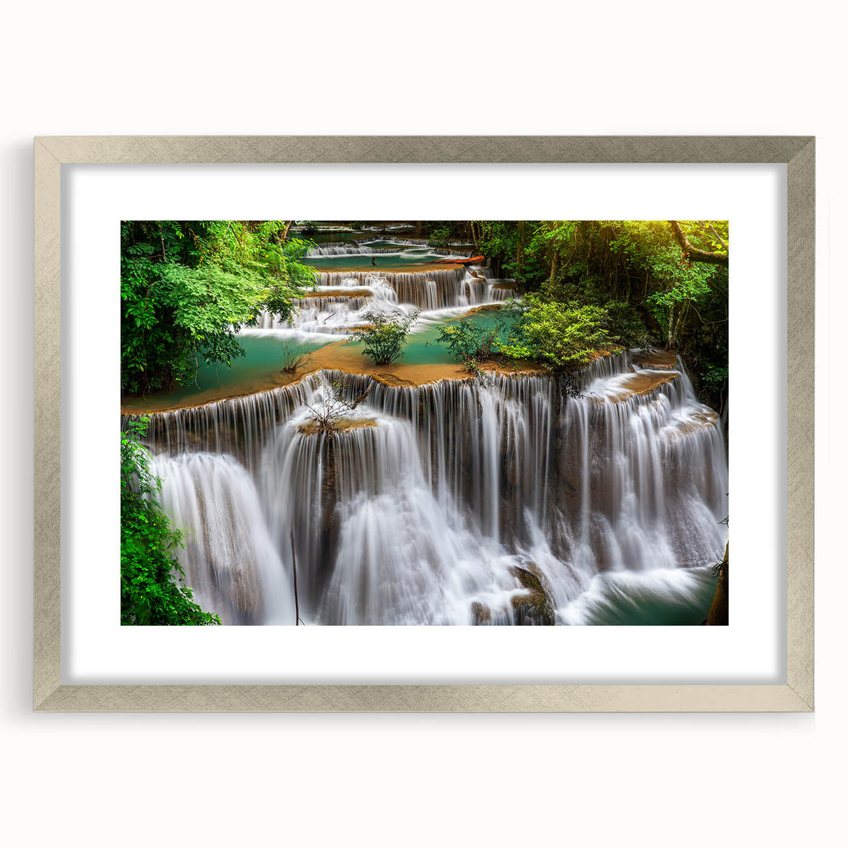Framed silver waterfall wall art design showcasing cascading water and lush greenery, perfect for home decor. Ideal for nature enthusiasts and interior styling.