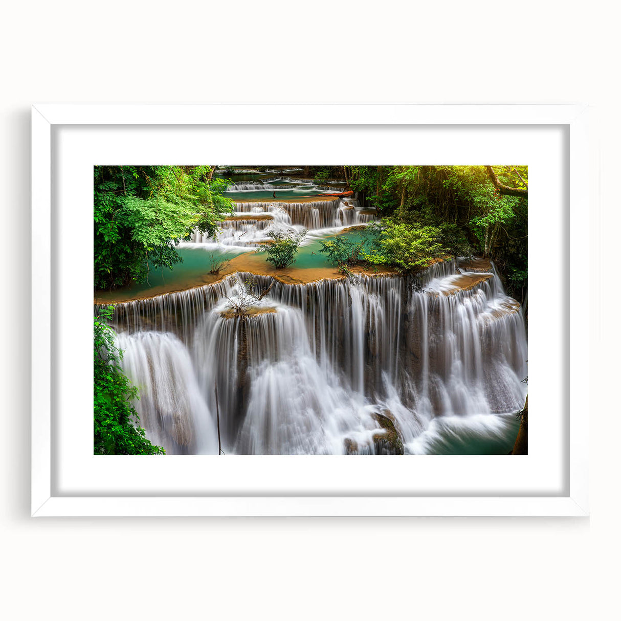 Framed wall art featuring a serene waterfall landscape design with a white mat, showcasing vibrant colors and intricate details, perfect for home decor.
