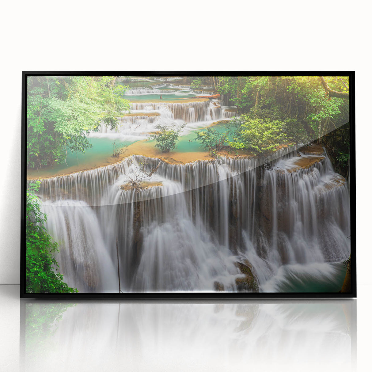 Framed wall art collection showcasing a vibrant waterfall landscape design with black acrylic frame, ideal for enhancing modern home decor.