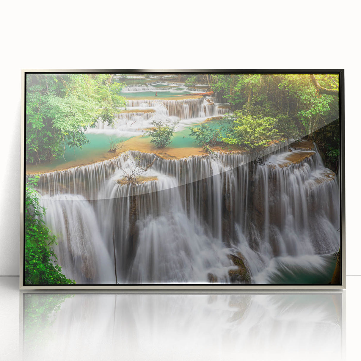 Framed acrylic wall art showcasing a stunning waterfall landscape design, featuring vibrant colors and intricate details, ideal for modern home decor.