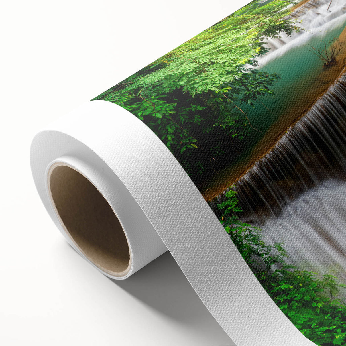 Vibrant rolled canvas artwork showcasing a stunning waterfall landscape design, ideal for home decor, delivered in a protective cardboard tube for safe shipping.