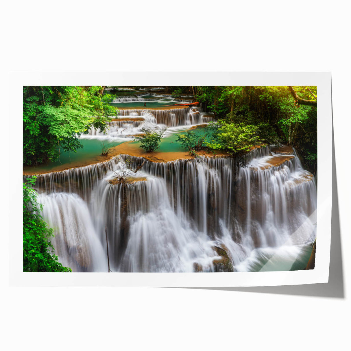 Stunning landscape wall art print showcasing a vibrant waterfall scene surrounded by lush greenery, perfect for home decor and nature enthusiasts.