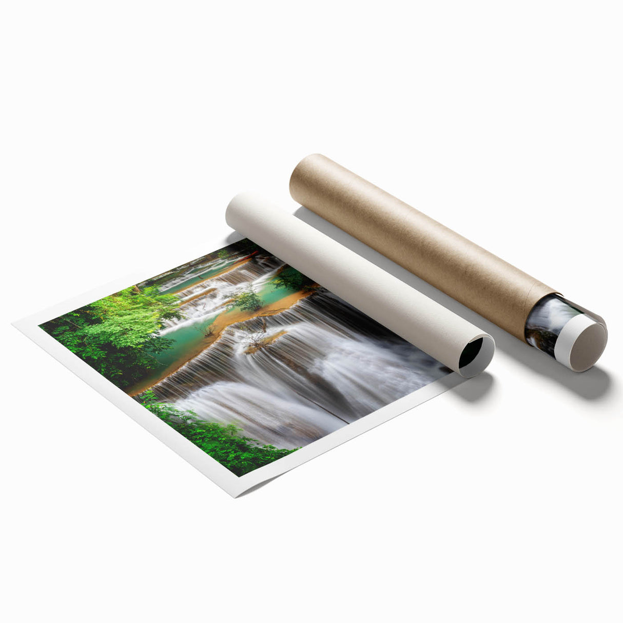 Stunning rolled print of a serene landscape waterfall, showcasing vibrant blues and greens, ideal for home decor, packaged securely in a cardboard tube.