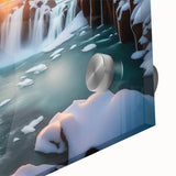 Close-up of a stunning acrylic glass wall art piece showcasing a vibrant waterfall landscape design, featuring lush greens and cascading water, perfect for home decor.