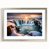 Framed wall art showcasing a vibrant waterfall landscape design, featuring a silver mat and frame, perfect for enhancing home decor with nature-inspired aesthetics.
