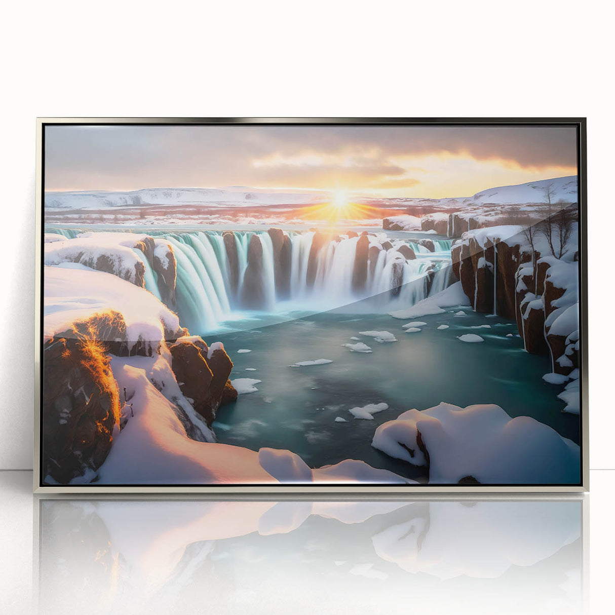 Framed acrylic artwork showcasing a vibrant waterfall landscape with silver accents, perfect for enhancing modern home decor. Ideal for nature lovers and art enthusiasts.