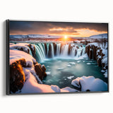 Framed wall art showcasing a serene landscape of cascading waterfalls on a canvas, with a sleek black frame highlighting the vibrant colors and intricate details of nature. Ideal for home décor enthusiasts seeking tranquility and style.