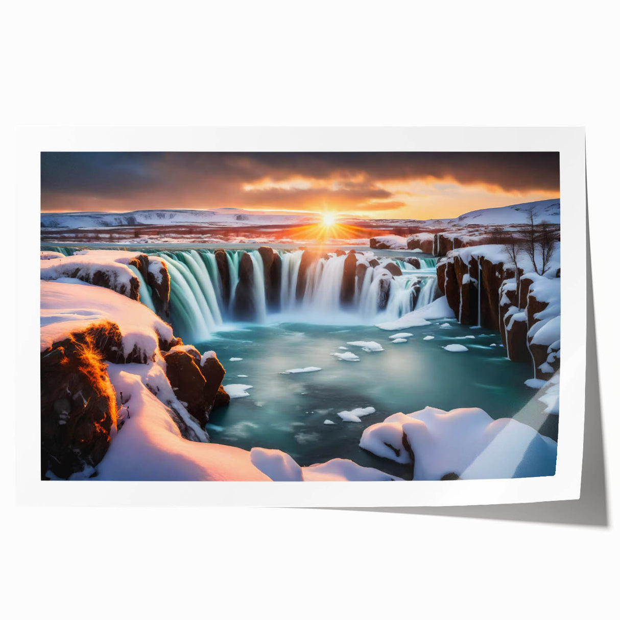 Serene landscape wall art print showcasing a vibrant waterfall cascading down rocky cliffs, surrounded by lush greenery, perfect for home decor.