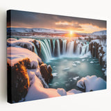 Stretched canvas wall art showcasing a vibrant waterfall design with rich blues and greens, perfect for enhancing home decor and creating a serene ambiance.