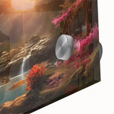 Close-up of a vibrant acrylic glass artwork showcasing a stunning waterfall landscape, emphasizing the intricate details and vivid colors, perfect for home decor.