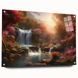 Wall art collection showcasing a vibrant landscape waterfall design printed on acrylic glass, displayed in a side view with stylish pins, perfect for modern decor.