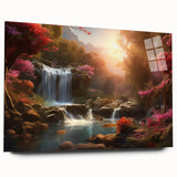Acrylic wall art featuring a stunning landscape waterfall design, showcased in a side view without pins, highlighting vibrant colors and intricate details. Ideal for home decor enthusiasts seeking nature-inspired artwork.