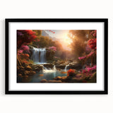 Framed black wall art showcasing a stunning waterfall landscape design, featuring vibrant colors and intricate details, perfect for enhancing any living space decor.