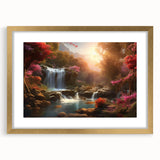 Framed wall art design showcasing a serene waterfall landscape with gold accents, featuring a mat and elegant frame, perfect for home décor enhancement.