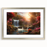 Framed wall art featuring a serene landscape of waterfalls, elegantly designed with a silver mat, perfect for enhancing home decor in any setting.