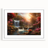 Framed wall art showcasing a stunning waterfall landscape with vibrant colors, white matting, and sleek frame, perfect for enhancing any living space decor.