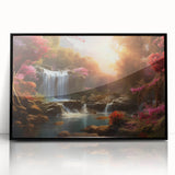 Framed acrylic wall art depicting a serene waterfall landscape, showcasing vibrant blues and greens, with a sleek black frame enhancing its modern aesthetic. Perfect for home decor.