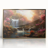 Framed wall art featuring a stunning landscape waterfall design, with vibrant colors and gold accents, set against a contemporary decor backdrop. Ideal for enhancing living spaces.