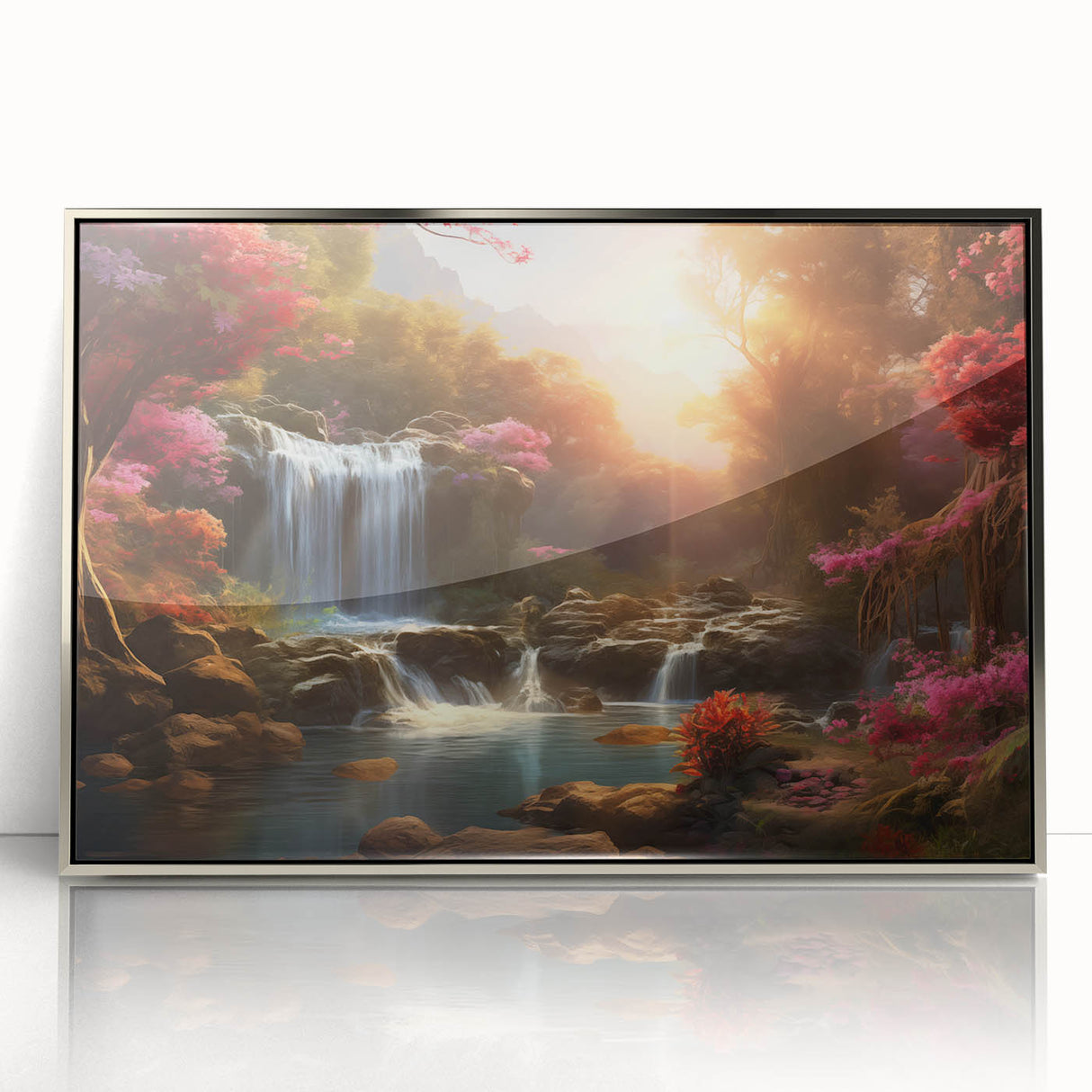 Framed wall art featuring a stunning waterfall landscape design, elegantly displayed in a silver frame with acrylic glass, perfect for enhancing home decor.