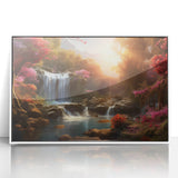 Framed wall art collection showcasing a serene waterfall landscape design in vibrant colors, set in a sleek white frame, perfect for home decor enhancement.