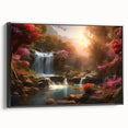 Framed canvas wall art showcasing a vibrant landscape of cascading waterfalls, set in a sleek black frame, perfect for home decor enhancement.