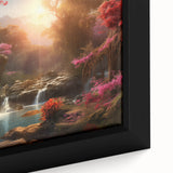 Framed canvas wall art showcasing a vibrant waterfall landscape with lush greenery and blue skies, perfect for enhancing home decor with natural beauty.