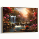 Framed canvas wall art depicting a serene waterfall landscape with vibrant greens and blues, featuring a sleek gold frame that enhances its elegance, ideal for home decor.