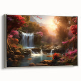 Framed canvas wall art showcasing a serene waterfall landscape design in vibrant blues and greens, elegantly bordered with a silver frame, perfect for home decor.
