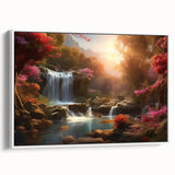 Framed canvas wall art showcasing a serene waterfall landscape, featuring vibrant blues and greens, with a sleek white frame, ideal for home decor.